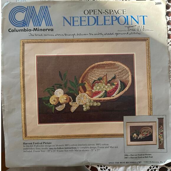 Vintage NEW Columbia Minerva Harvest Fruit Basket 15x21 Needlepoint Kit 1983 - Picture 1 of 4